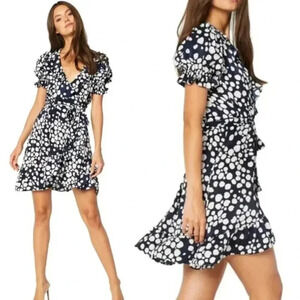 MISA LOS ANGELES Everly Ruffle Wrap Mini Dress Navy Blue Polka Dot, XS NWT